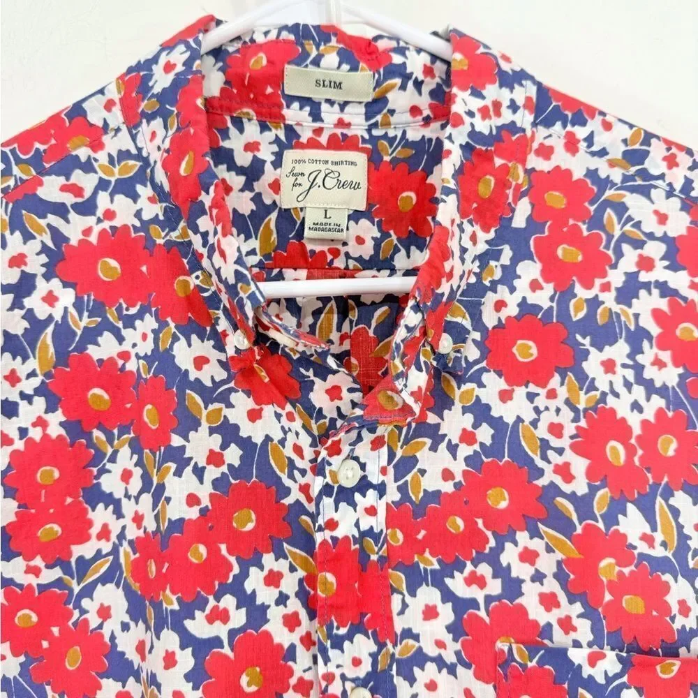 J. Crew Blue Red Floral 100% Cotton Slim Fit Button Down Short Sleeve Shirt